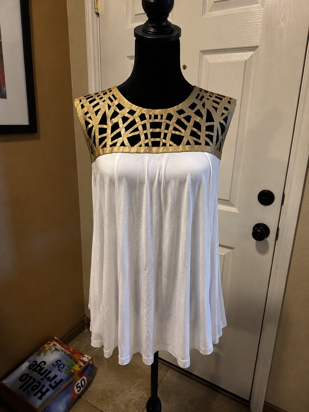 VENUS White Tank Top with Gold Lattice Yoke